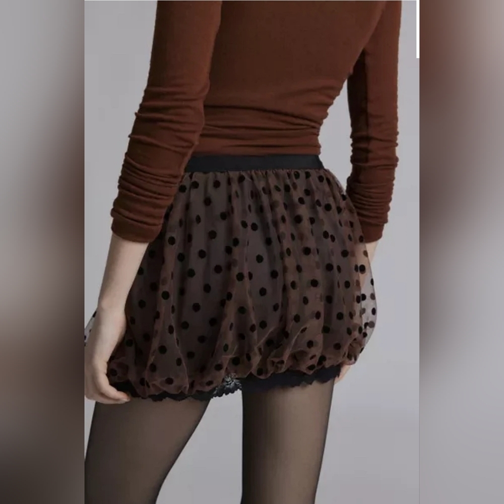 Kimchi Blue Emory Polka Dotted Tulle Bubble Micro Skirt, Brown Black, Size MED - Picture 3 of 8